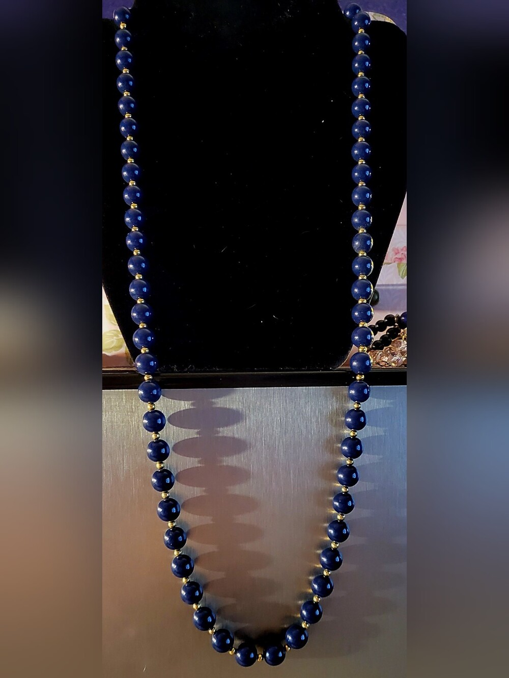 30" Vintage Monet Navy Blue Beaded Opera Length Necklace Gold Tone Spacers - Picture 3 of 5